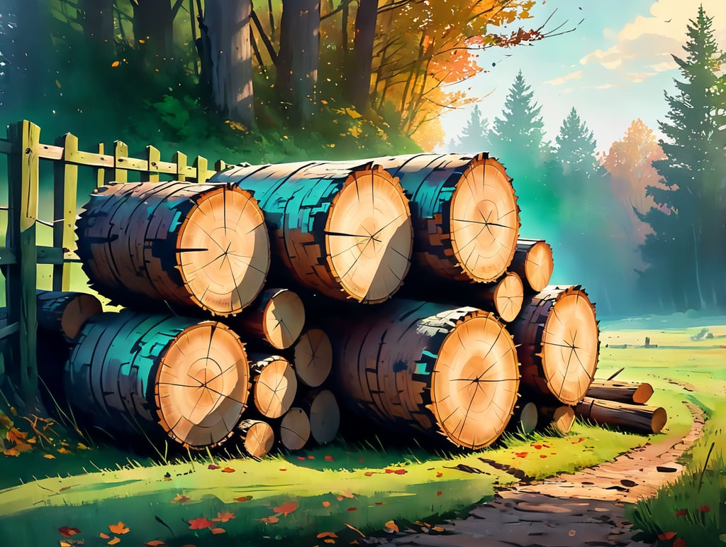 Pile of very small logs against a tall fence sitting on green grass in autumn, with soft wintery light. In a garden.