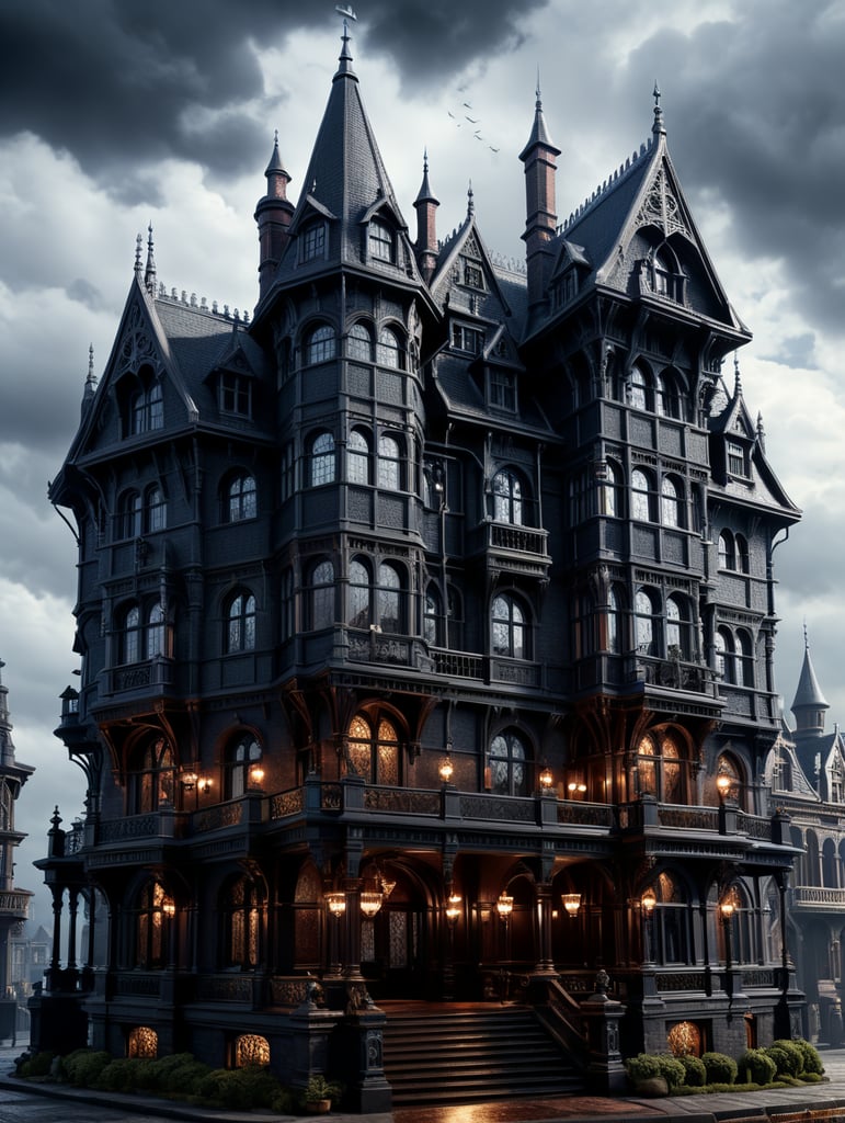 Step into the mind of a madman with a blueprint of Holmes' "Murder Hotel," featuring a unique blend of Gothic architecture and modern horror elements.