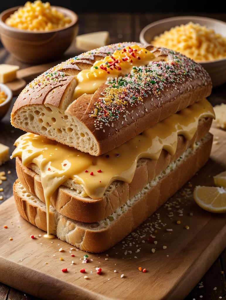 roti long john dengan toping meses dan keju yang melayang jatuh ke roti, shot dengan camera sony a7 mark iii, lensa leica f1.8 77mm, super resolusi