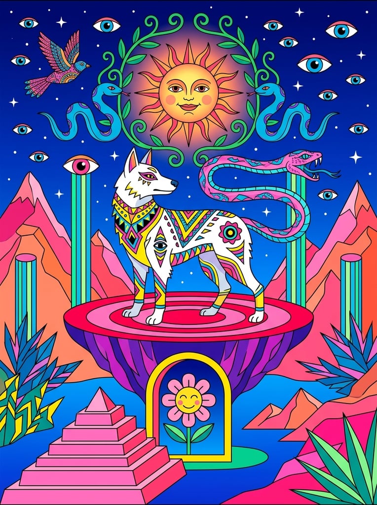 A psychedelic vector illustration centering on a stylized white canine beast with a pink and blue snake head for a tail, standing on a floating pink and red concentric circular platform. The creature is adorned with vivid yellow, pink, blue, and black geometric patterns. Above it, a radiant smiling sun face is framed by green vines and two symmetrical blue snakes against a deep blue starry sky filled with floating eyes and a patterned bird. Below the platform, a yellow archway encases a smiling flower face, approached by a pink stepped pyramid. The surreal landscape features layered pink and orange mountains, striped pillars, and angular foliage, rendered in a highly saturated, flat 2D layered aesthetic with vivid neon hues.
