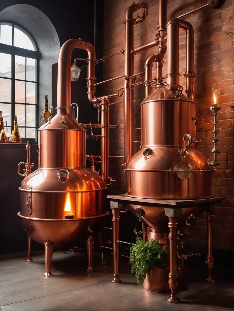 Close-up of a Copper distillation unit alembic, candles on the walls, Dim antique room for whiskey production, herbs and hops, old master sitting on a chair