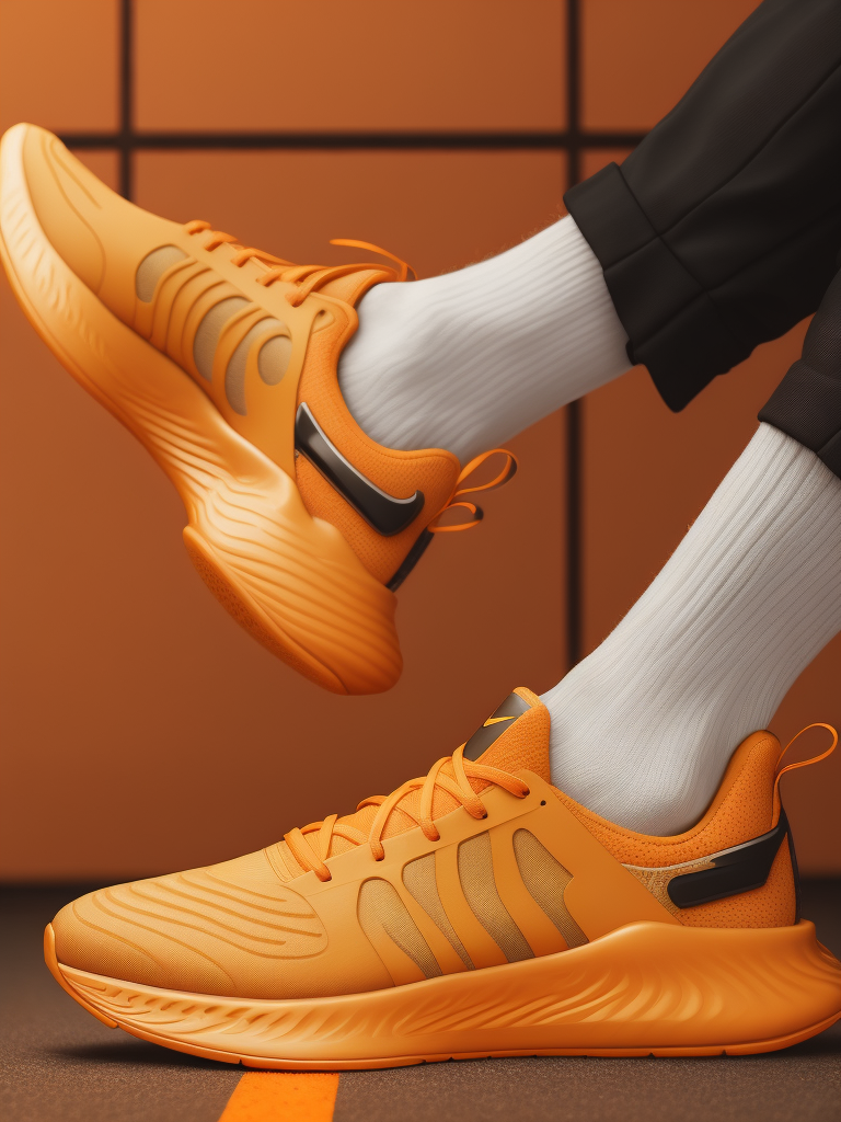 hyper realistic image of nike futuristic sneakers in black and orange colors with metalic details, modern fashion, deep atmosphere, saturation, vibrance, sharp and detailed textures and fabric, dark background