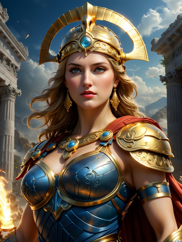 a stunning digital representation of Athena, the Greek goddess of wisdom and warfare. Highlight her unparalleled beauty with radiant fair skin that glows. Portray her with graceful features and an aura of wisdom and strength, symbolizing her divine essence."