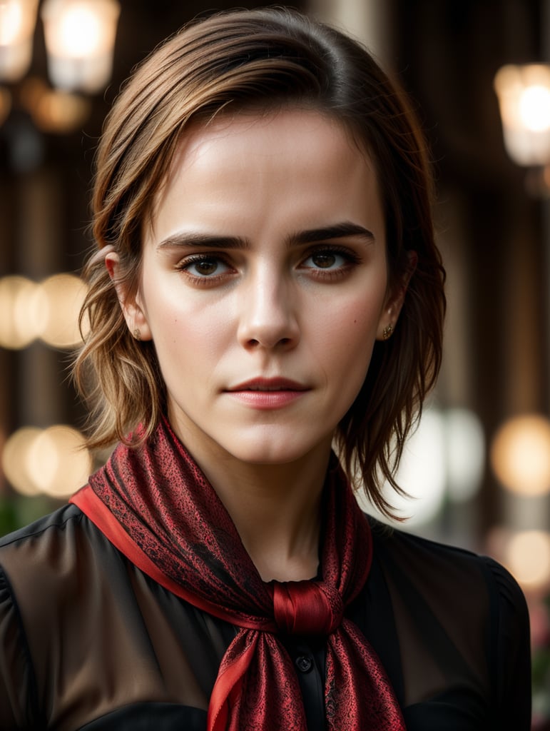 Portrait of Emma Watson wearing black blouse with red scarf, ultra realistic