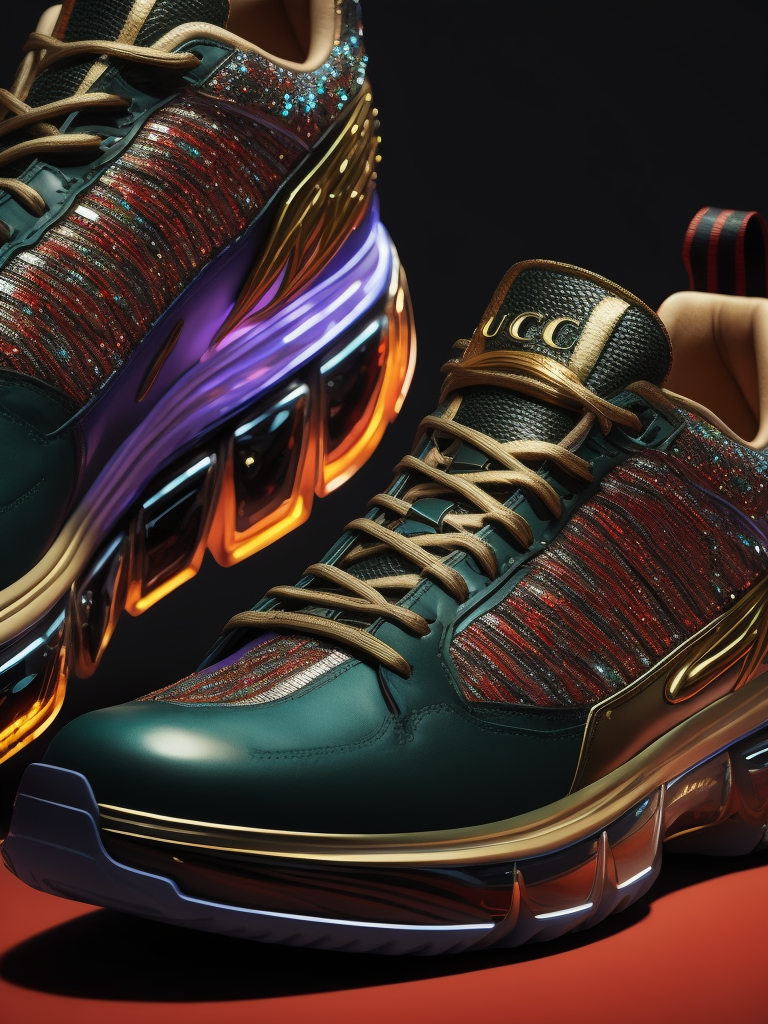 gemstone-embellished Gucci fashions with luminous lines and sequins. hyper realistic image of hi-tech sports puffy sneakers modern fashion, deep atmosphere, saturation, vibrance, sharp on details