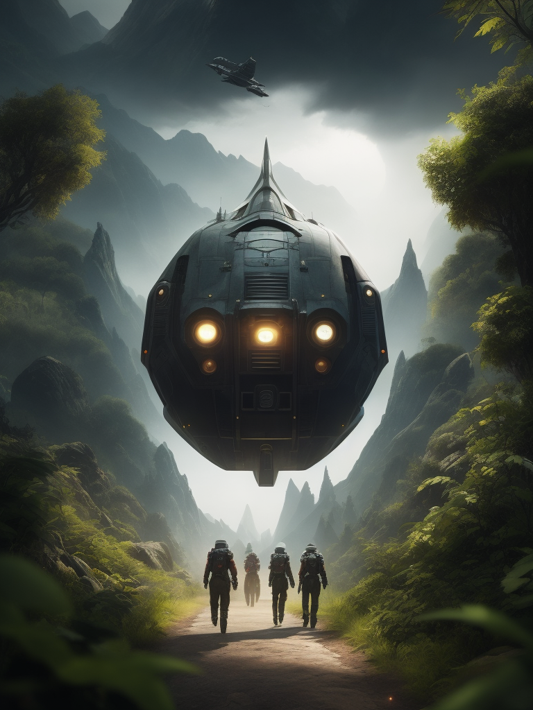 Sci-fi FPS game cover, a small spaceship in the foreground, a group of spacemen walking away, impressive vegetation, fantasy creatures in the background, fantasy vegetation, Unreal Engine 5, developed by dice, cinematic colour, Ultra-details, 4k