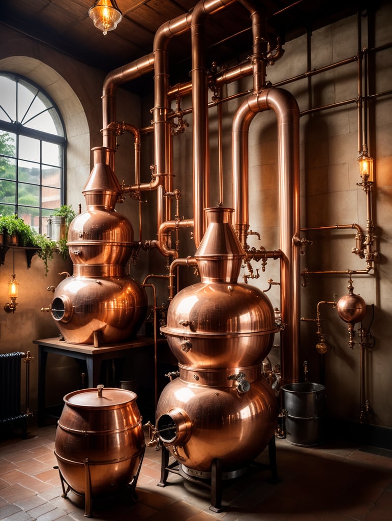 Close-up of a Copper distillation unit alembic, candles on the walls, Dim antique room for whiskey production, herbs and hops, old master sitting on a chair