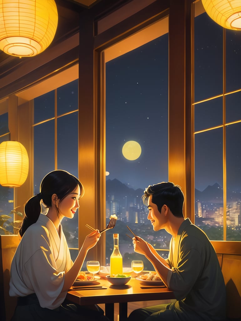 couple dinner at japanese restaurant with yellow light ambience, background big window glass with night scene, disney art style