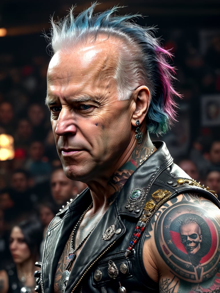 Joe Biden as a punk rocker, full face, tattoos, piercing