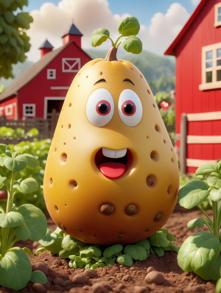 Funny but gloomy potato in the garden, on the shape of a farm with a red barn, professional shot, blurred bokeh background, sunny day, bright colors, sharp and clear details