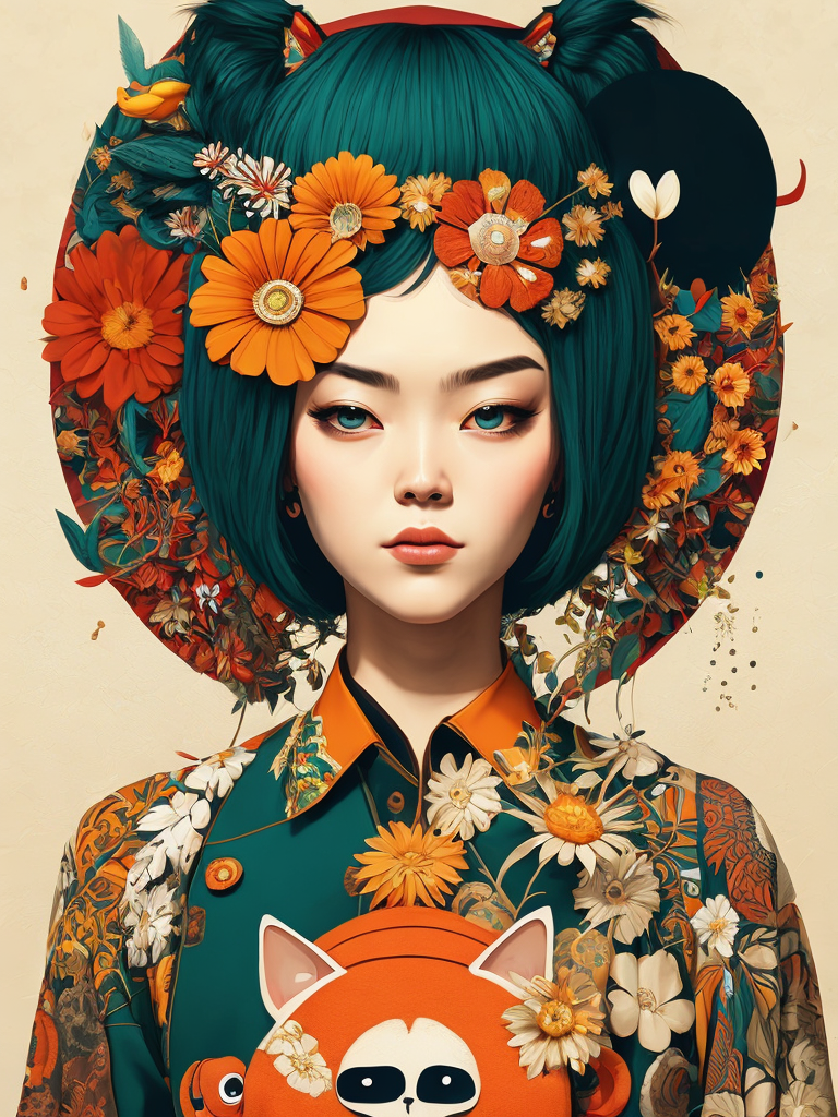 Magazine cover poster, upper portrait of anime girl with cat, ultra detailed, cel shading, artistic, shibuya fashion, harajuku fashion, mucha, frida kahlo, vivid floral oversized sukajan bomber jacket, trends of pixiv, headline, logos labels, badges, graphic design, art by miyazaki hay takashi murakami oda eiichirō