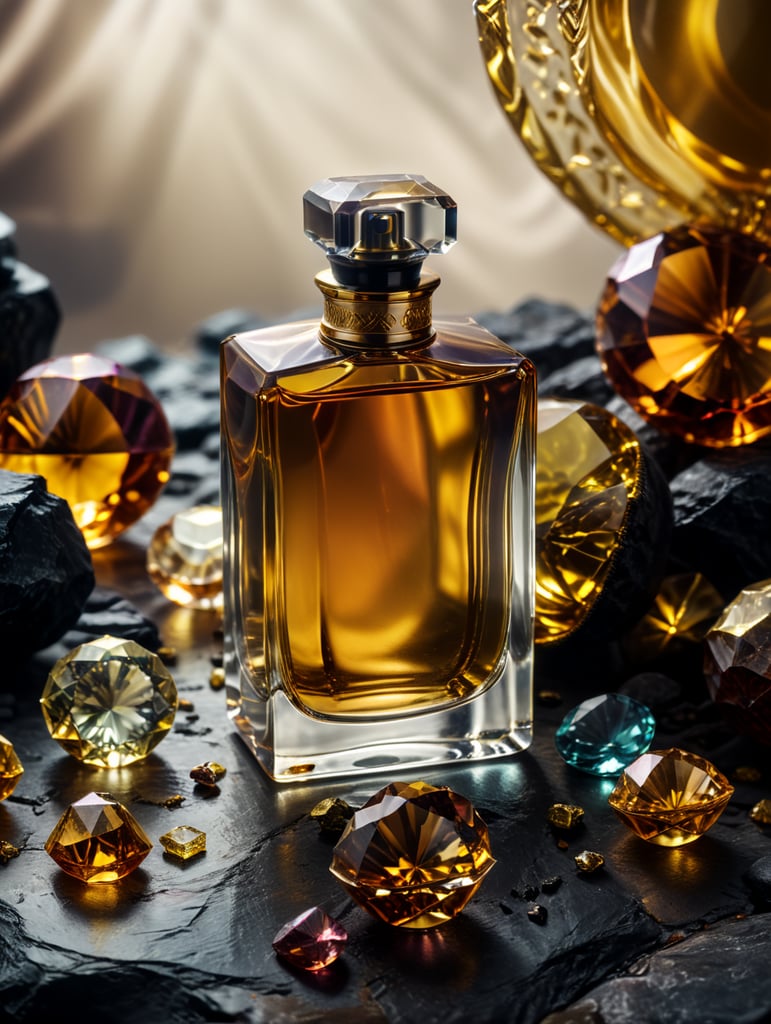 professional photography of a luxury perfume, surrounding an amber gems, yellow satin scarf background, no label, clear, mockup