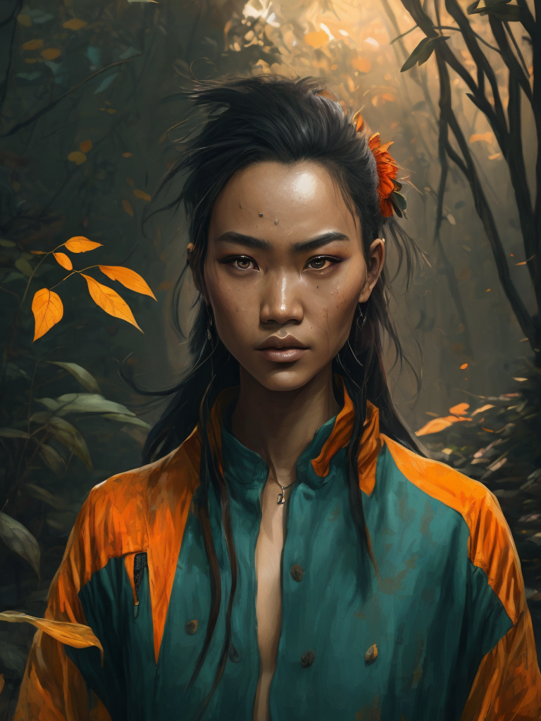 Indonesia, young woman in jungle, scifi, rainy, autumn, dark details