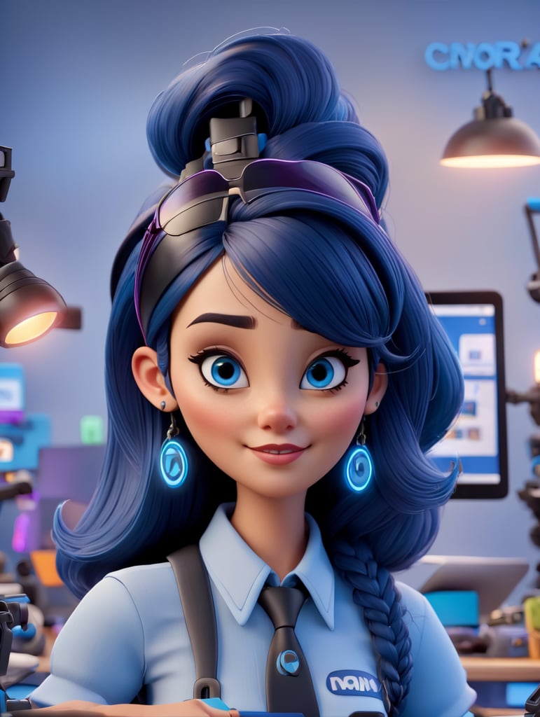 YOUNG WOMAN ENTREPRENEUR TECHNOLOGY E-COMMERCE OFFICE HIPSTER NEON PIXAR EXTREME DETAILED REALISTIC, BLUE SKIN