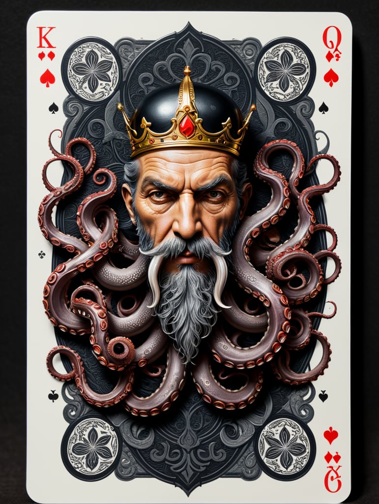 king octopus of clubs playing card, face card, linocut art style, black ink, ultra realism, simple lines, vector