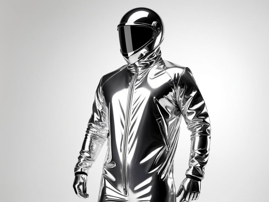 A realistic photo of a chrome shiny jacket on a invisible mannequin, coverall with reflective material, isolated, white background