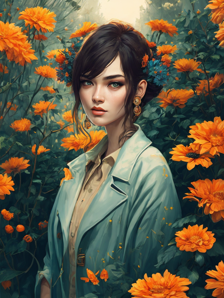 Girl in a blooming garden, fashion editorial, floral edition, millions of colorful flowers, analog fashion portrait