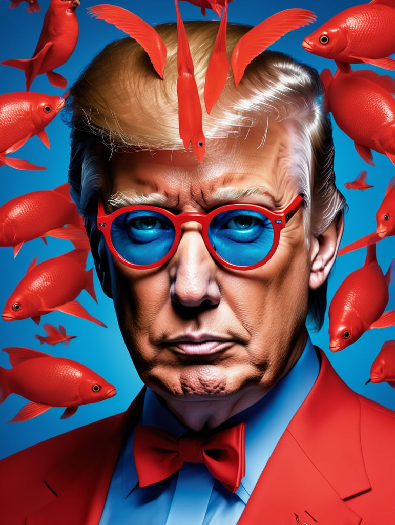 Donald Trump, avant-garde, simplygo, photoshoot spread, dressed in all red, blue background, harpers bizarre, cover, headshot, hyper realistic