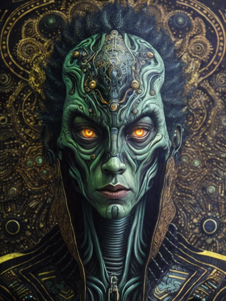 Portrait of an alien, batik, intricate details, surreal, Alien, Cyberpunk Trashcore Style, s 1000