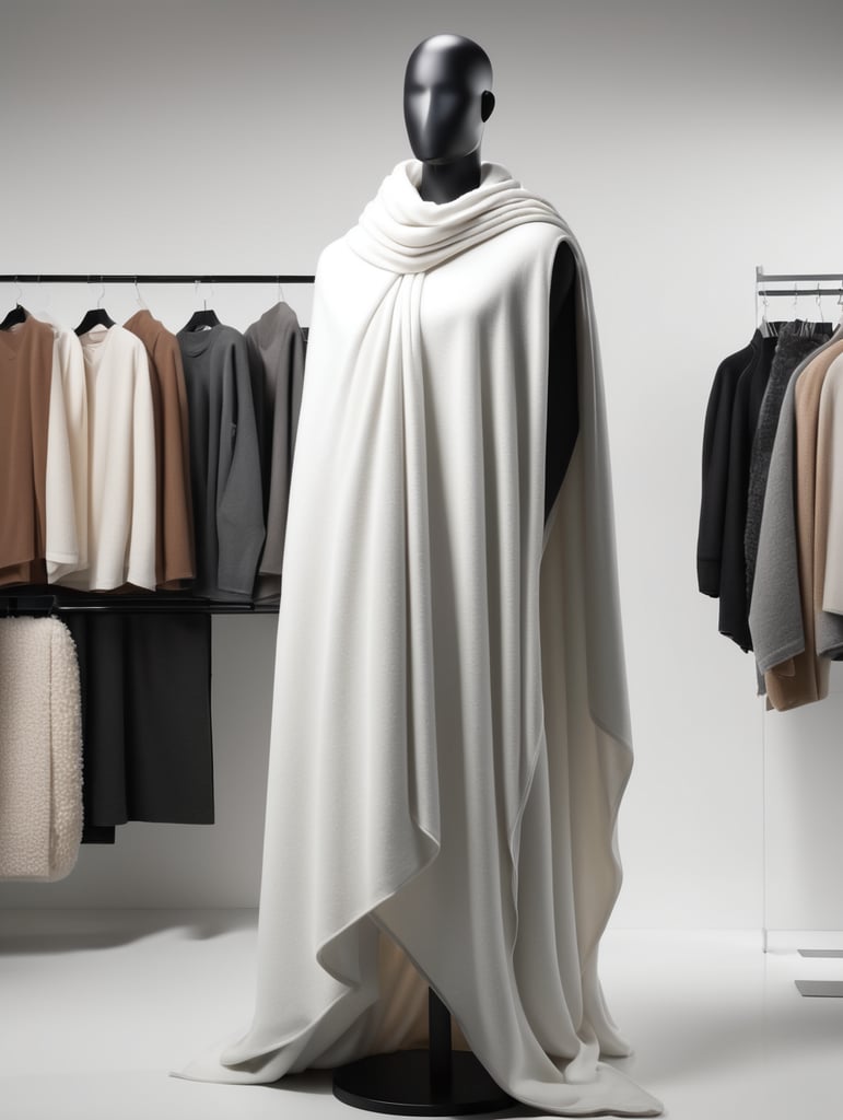 A black matte mannequin without a face and hair, a white blanket is draped over the shoulders of the mannequin and the mannequin is wrapped in a blanket. One leg of the mannequin peeks out of the blanket. The blanket is white, thick and airy. The blanket gently wraps around the mannequin. 4K quality, photo realistic style. There is a gray background behind and under the mannequin.