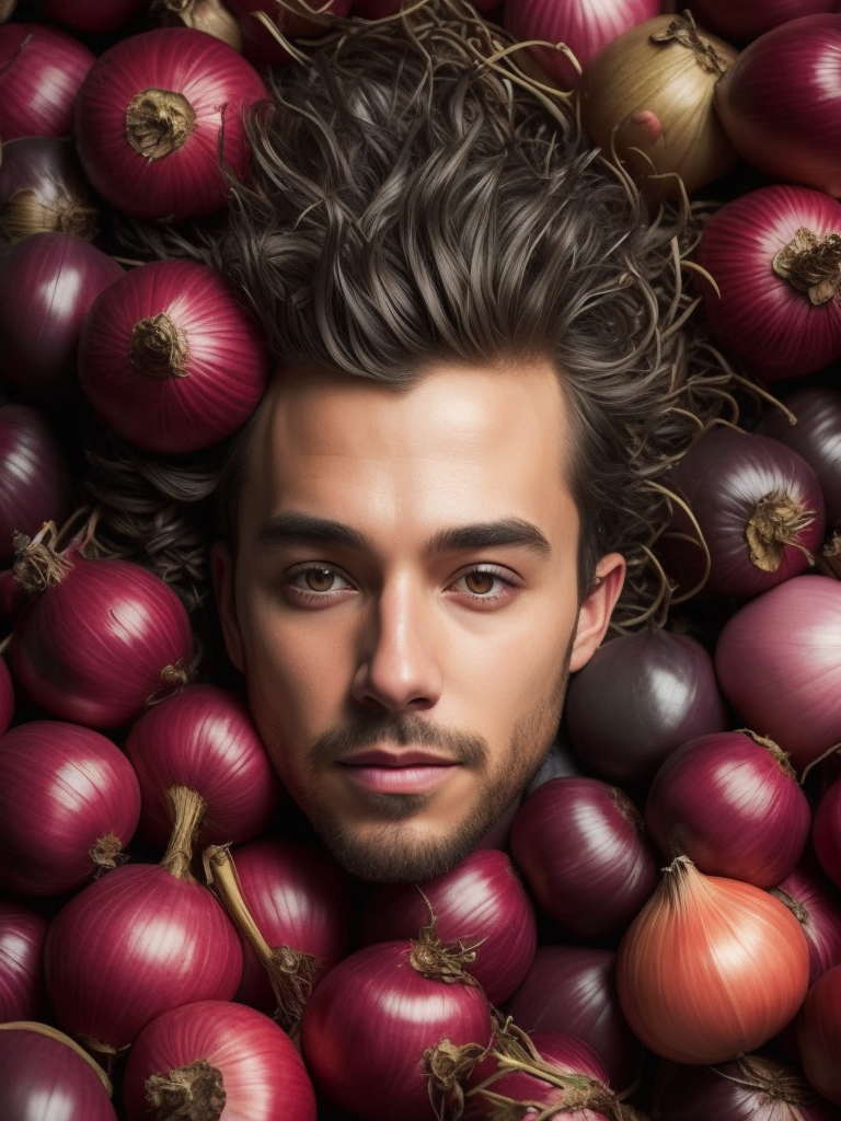 a man is surrounded by onions and onions in a pile of them, looking up at the camera man is smiling, a stock photo, conceptual art, photorealistic imagery