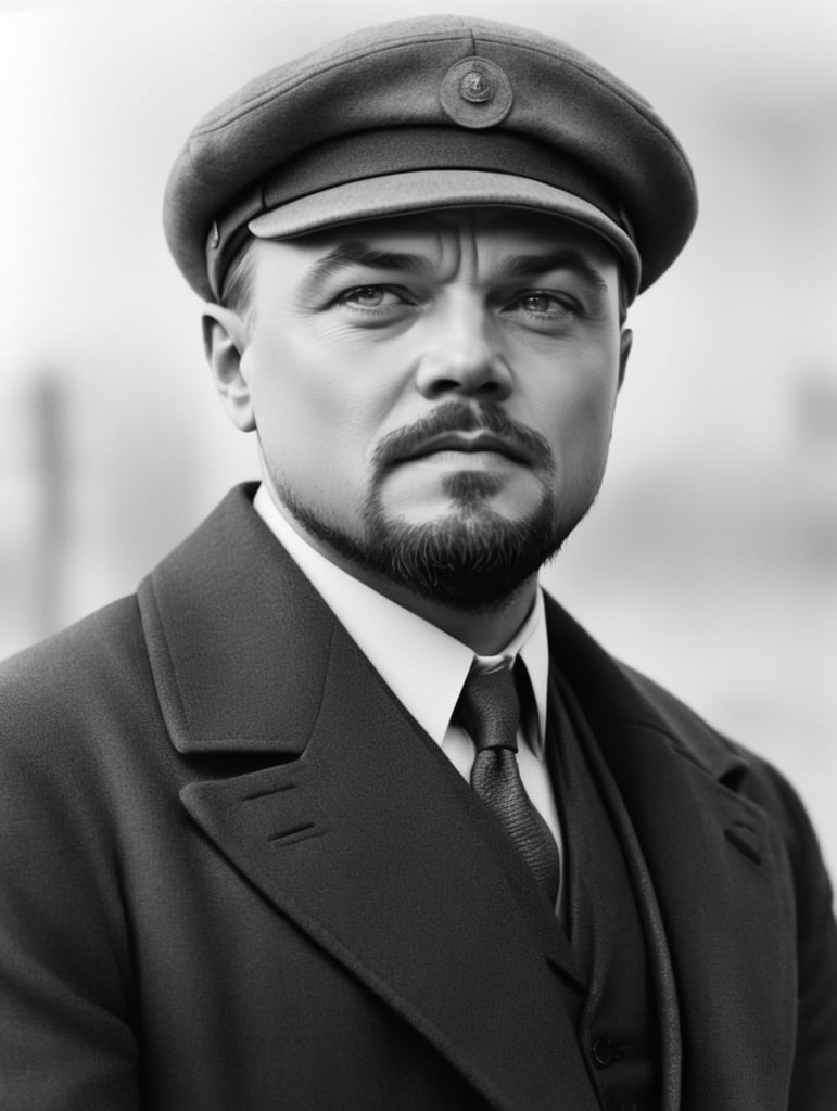 Closeup Portrait of Balding Leonardo DiCaprio as Lenin, ((Balding)), (Circle beard), Muted colors, Dressed in a gray three-piece suit and gray coat, Professional shot, High quality, 1920s, Lenin haircut,