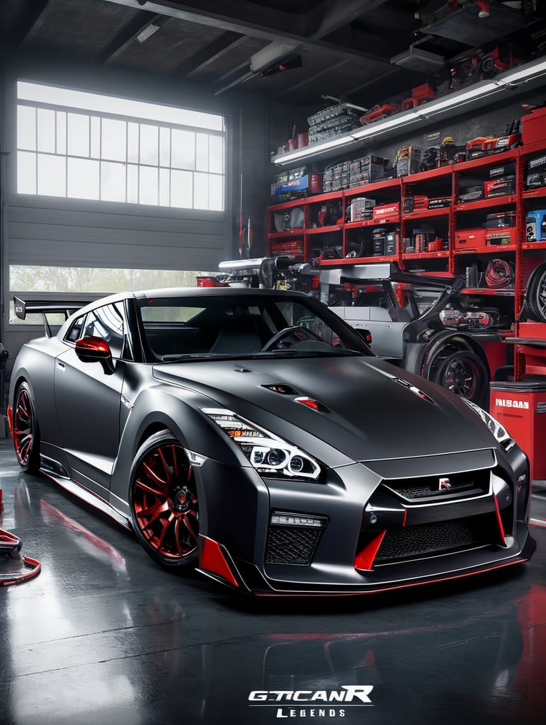 A video game visual, a futuristic Nissan GT-R Nismo inside a garage, must be visible the car is inside a garage, mechanic tools, clean image, Asphalt 9 Legends style, incredible graphics, 4