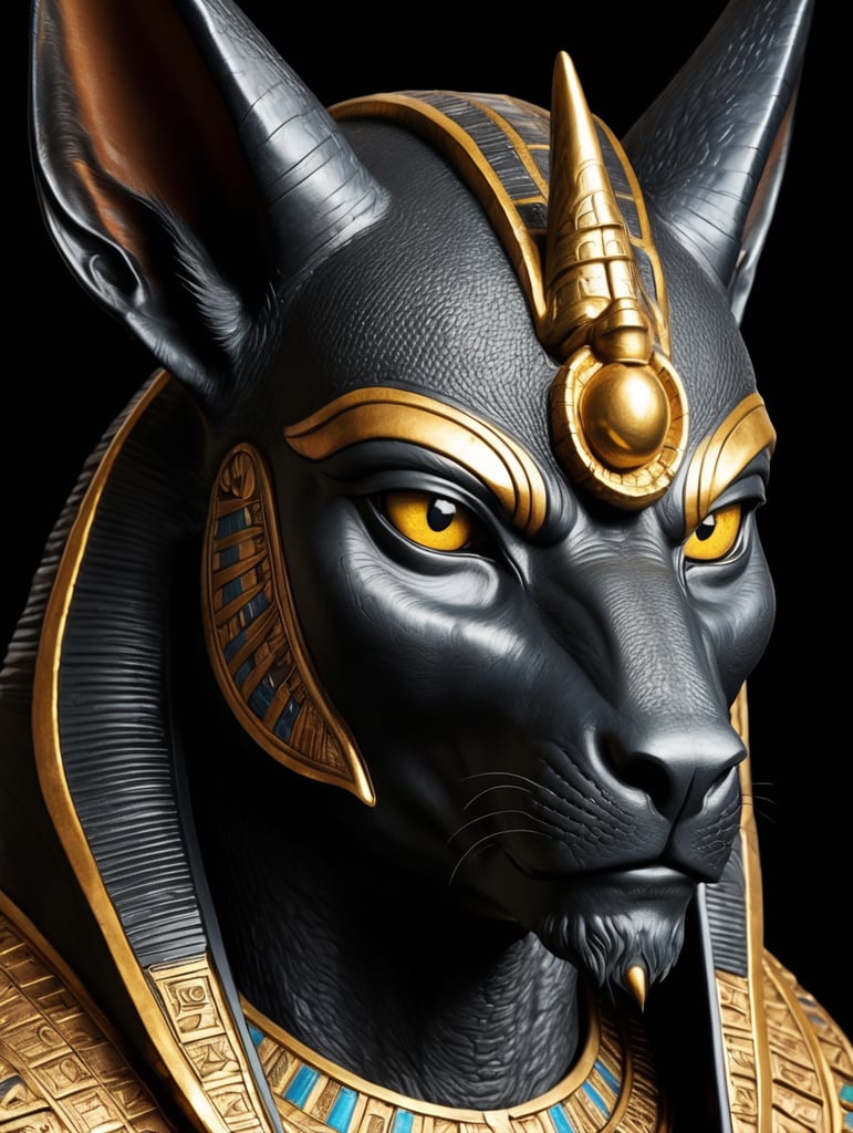 Egyptian god Anubis, portrait, hyper-realistic, dark style, focus on face, sharp on details, black background