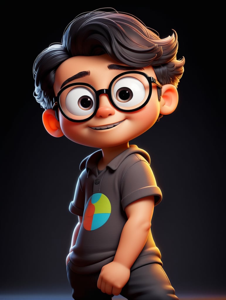 young cartoon character with black glasses, cartoon, isolated, black background