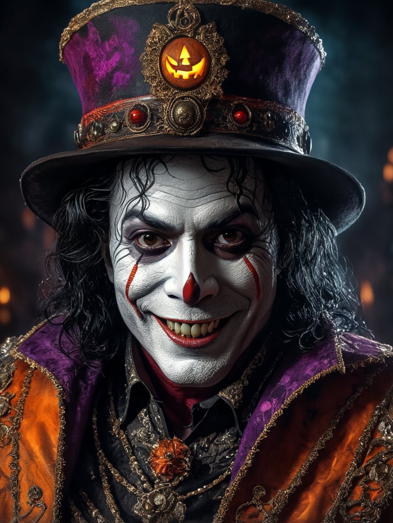 Old Michael Jackson as a creepy evil character wearing spooky Halloween costume, evil smile, creepy tiny nose, Vivid saturated colors, Contrast color