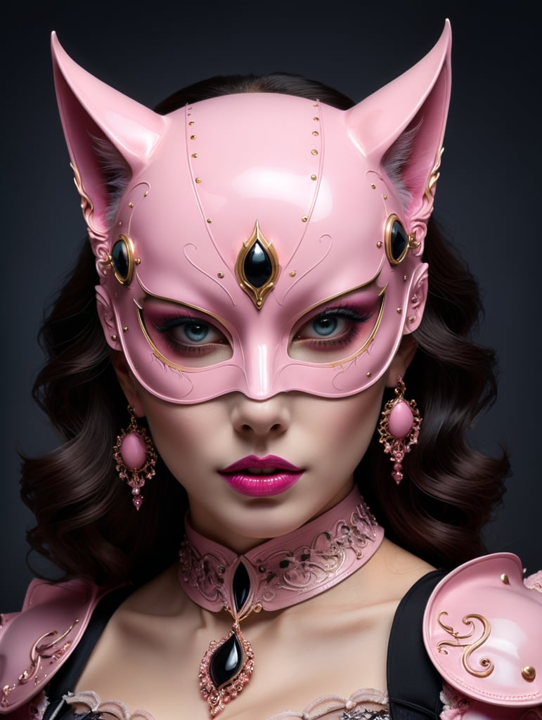 Close up portrait photography, of a gorgeous lady, wearing a pink cat woman mask, 80 degree view, art by sergio lopez, natalie shau, james jean and salvador dali