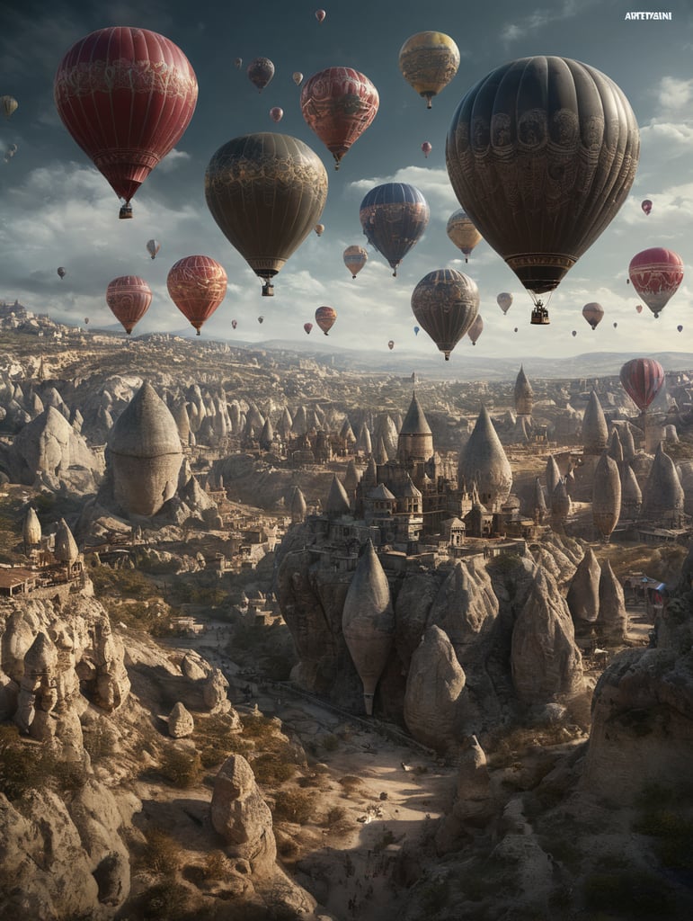 Turkish flying ballons in cappadocian sci-fi