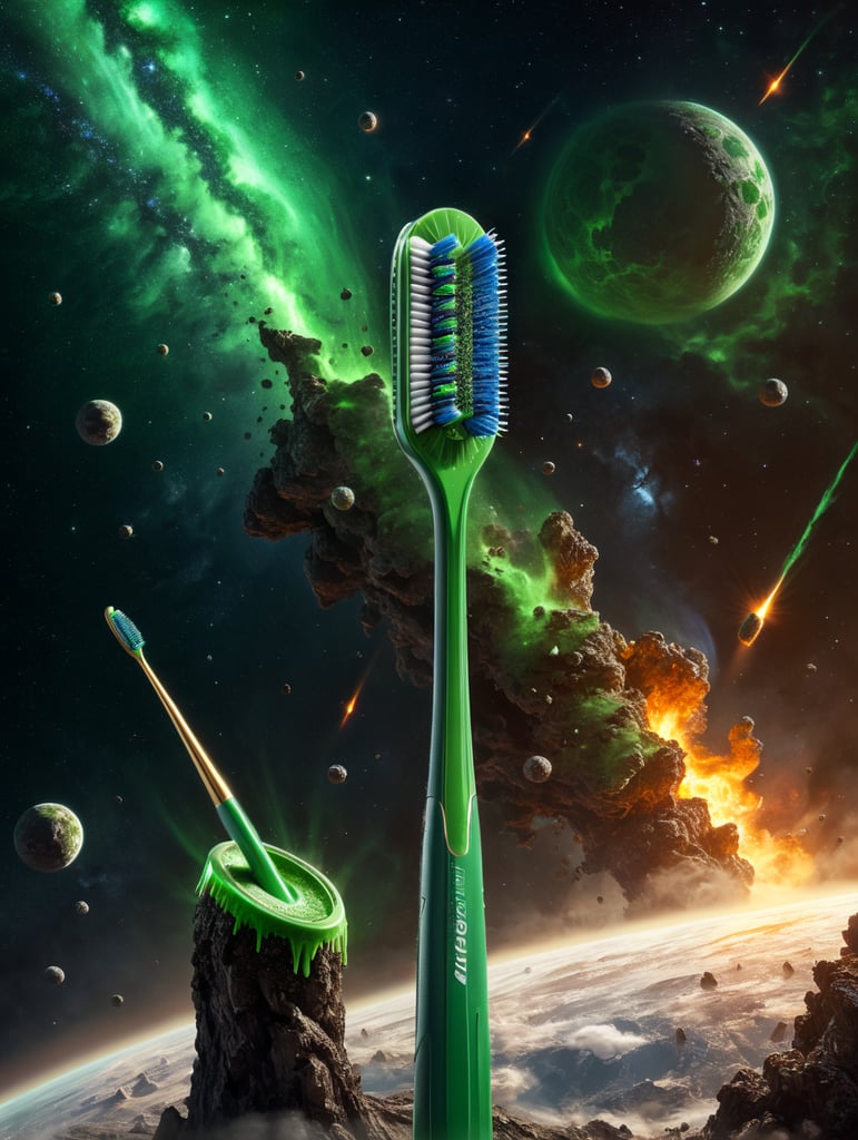 I want a photo of a bright green toothbrush flying in space with meteor