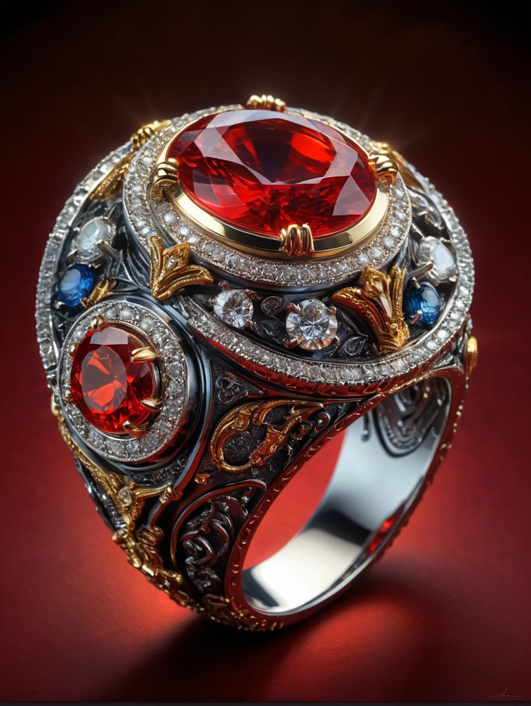 Royal golden ring with diamond, fantasy style, bright red background, rich colors, contrasting light, deep colors, high details