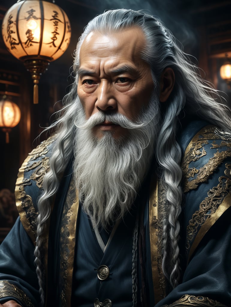 evil old japanese man with a long white beard, intricate, sharp focus, fantasy, cinematic lighting, other worldy, surreal 8k photo, dark moody aesthetic