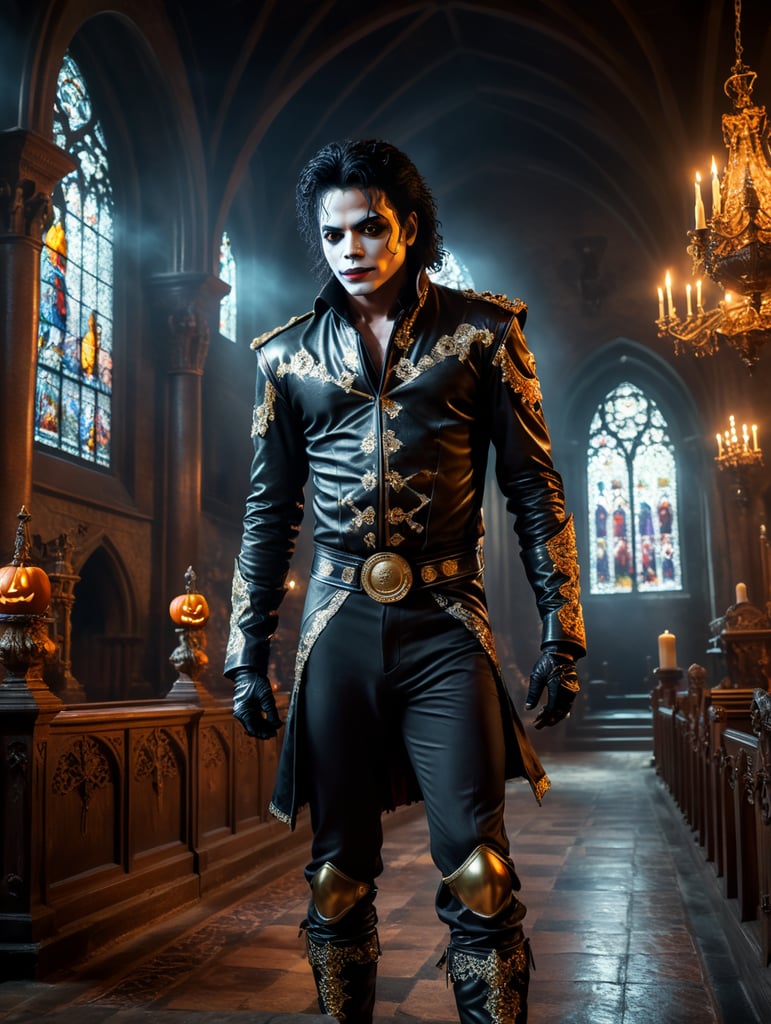 Genereer een verbluffend realistische afbeelding waarop Michael Jackson is verkleed in een angstaanjagend Halloween-kostuum en een meesterlijk optreden geeft in een mysterieuze, donkere kerk. Zorg ervoor dat de atmosfeer van de kerk angstaanjagend en spookachtig is, met onheilspellende verlichting, schaduwen en decoraties die de Halloween-sfeer versterken. De afbeelding moet van zodanig hoge kwaliteit zijn dat het moeilijk is om te geloven dat het niet echt is