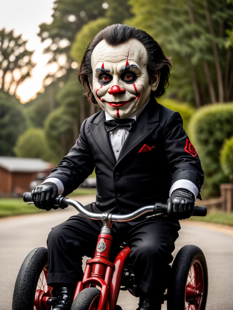 Billy the puppet from the movie saw drifting on his tricycle, highly detailed and resolution