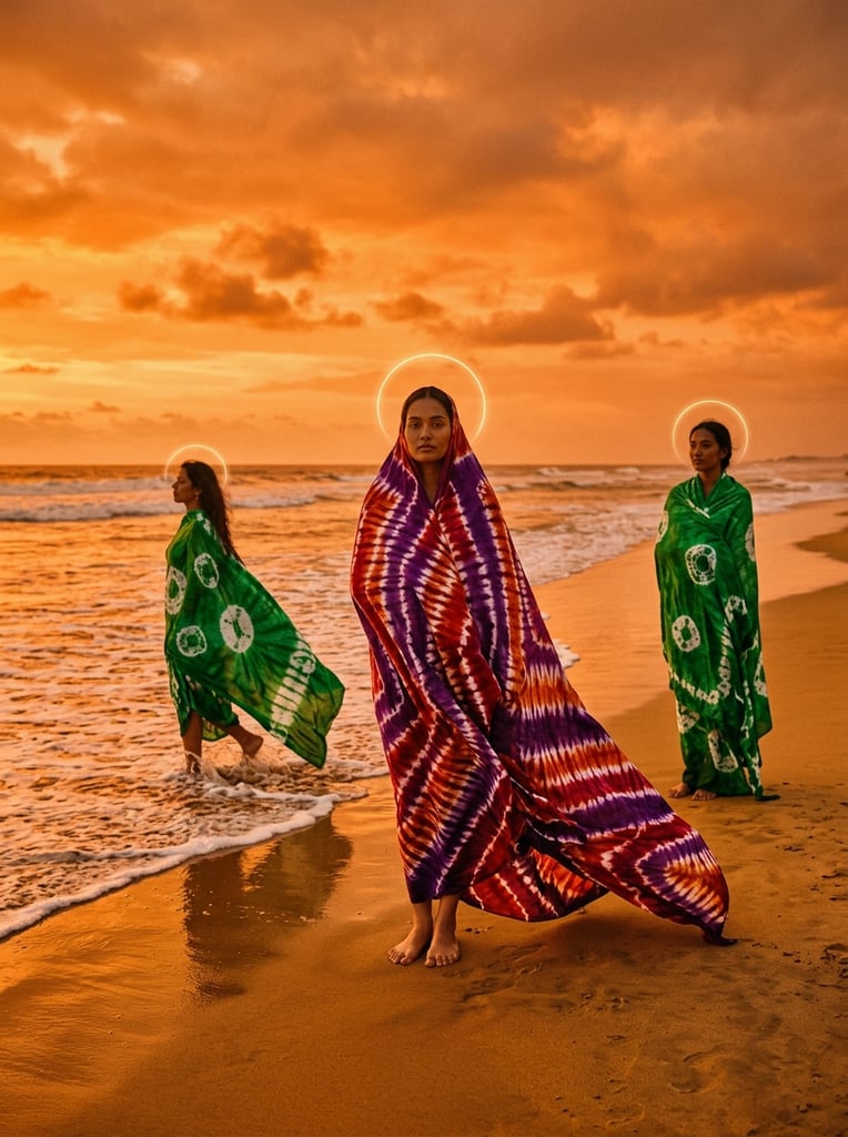 Three figures stand on a golden beach under an orange sky, each bearing a delicate glowing halo. The central person gazes forward, draped in a voluminous purple, red, and white zigzag tie-dye textile that cascades to the sand. Left, another figure wades into the ocean surf, enveloped in vibrant green fabric with white circular motifs. Right, a third figure is draped in matching green cloth. The surreal fine-art portrait features a warm amber wash across the environment, dramatically contrasting the jewel-toned, flowing garments.