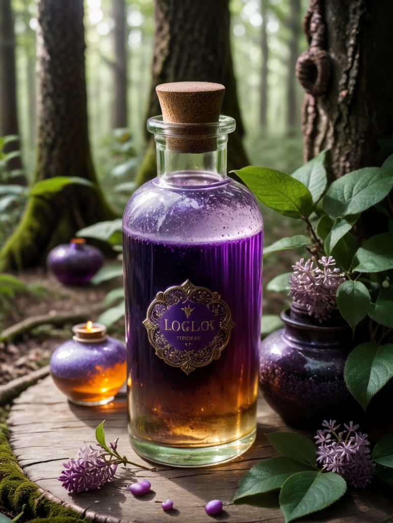 magic lilac bottle with a potion, a potion that gives health, game artifact, close-up, around a magical forest