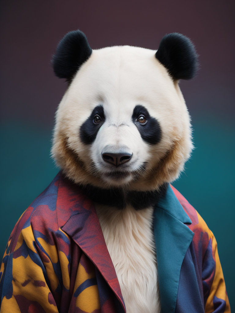 Portrait of a panda dressed in a colorful oversized jacket, Vivid saturated colors, Contrast color, studio photo, professional photo, Rich colors, Detailed image, detailed face