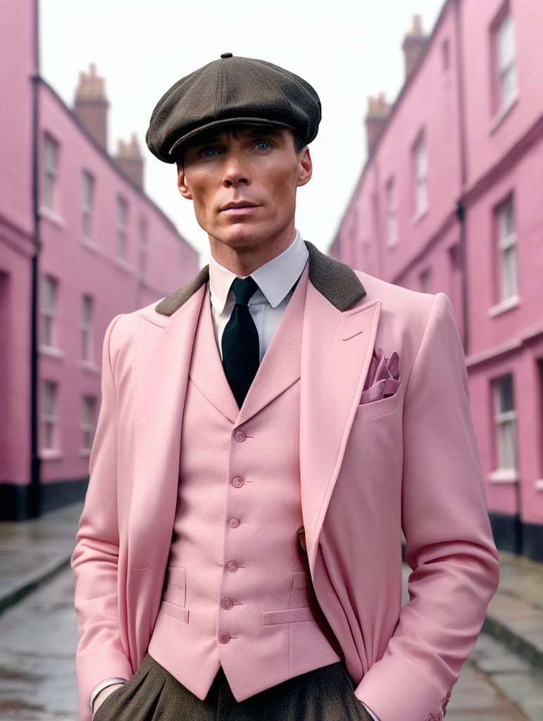 Cillian Murphy as a character from the tv show "peaky blinders", wearing clear pink clothes, realistic, medium shot, peaky blinders style background