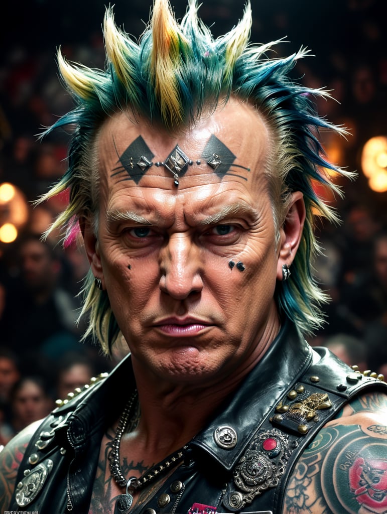 Donald Trump as a punk rocker, full face, tattoos, piercing