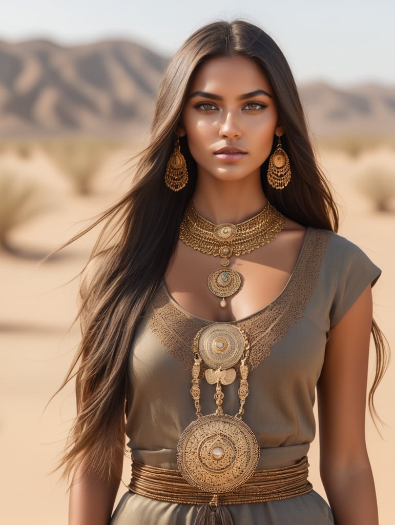 Waist up 5’10 willowy build bronzed skin young woman with golden eyes and straight long dark hair and gold jewelry in a Desert