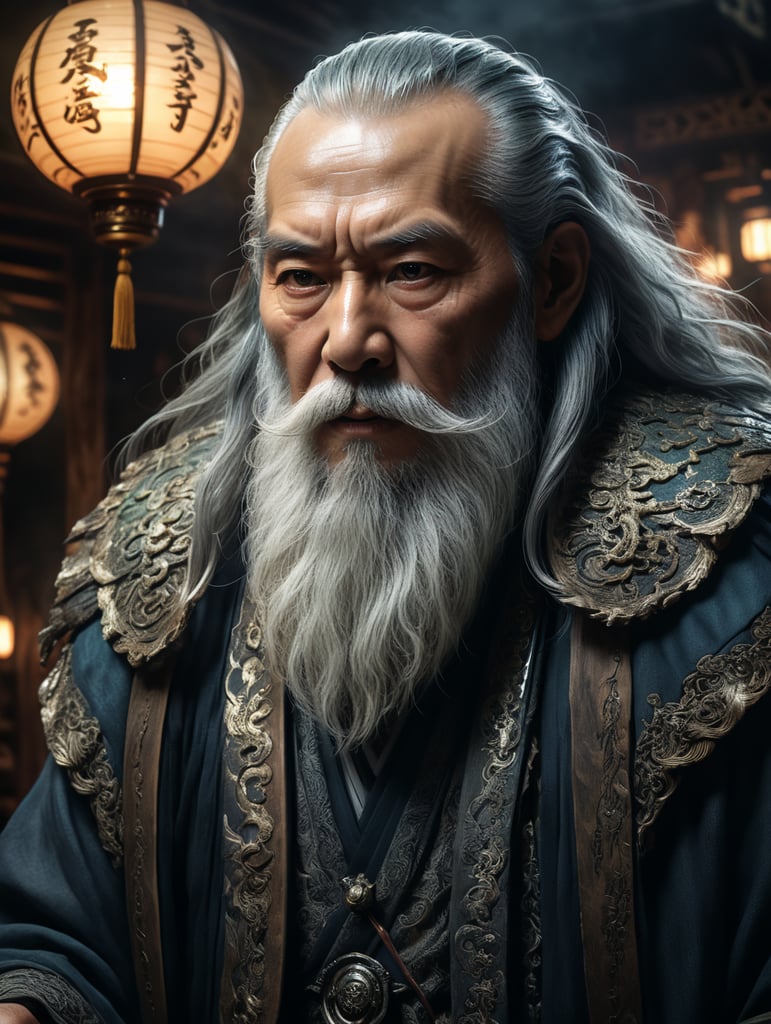 evil old japanese man with a long white beard, intricate, sharp focus, fantasy, cinematic lighting, other worldy, surreal 8k photo, dark moody aesthetic