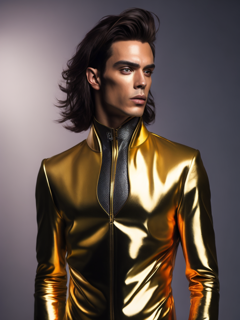 Male super model in a shiny metallic suit, Movie light, Photography, studio photo, professional photo, Rich colors, Detailed image, detailed face, style of James Bidgood