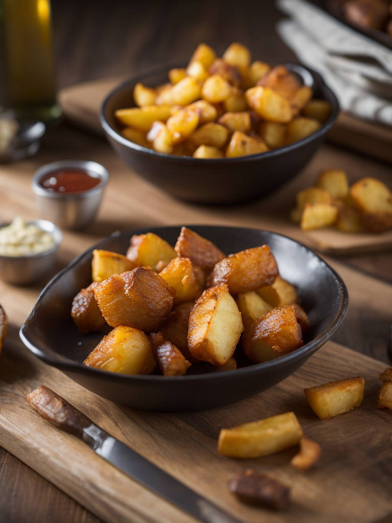 cepti kartupeļi ar sulīgu ceptu gaļu uz koka fona