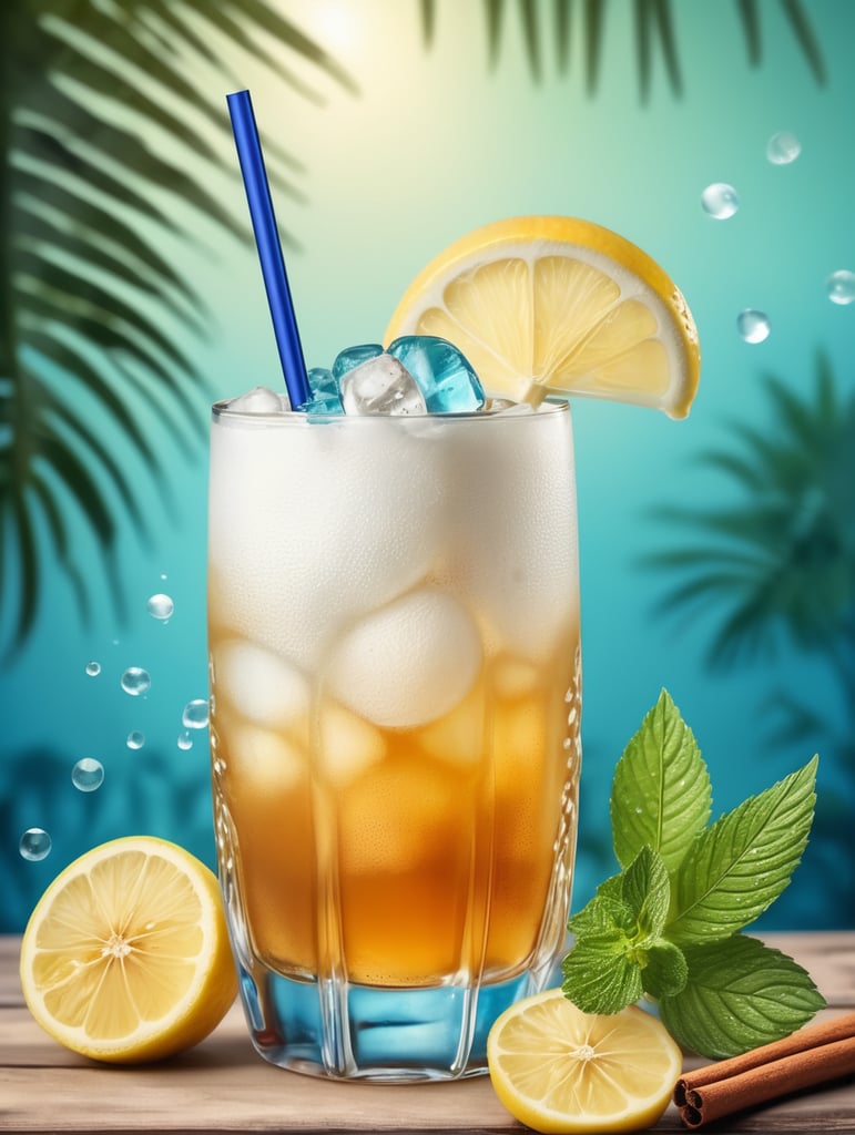 A beautiful realistic white and short drink made of banana and lemon, honey and cinnamon, into a whiskey glass with water drops, with blue straw, ice and mint leaves decoration on tropical background