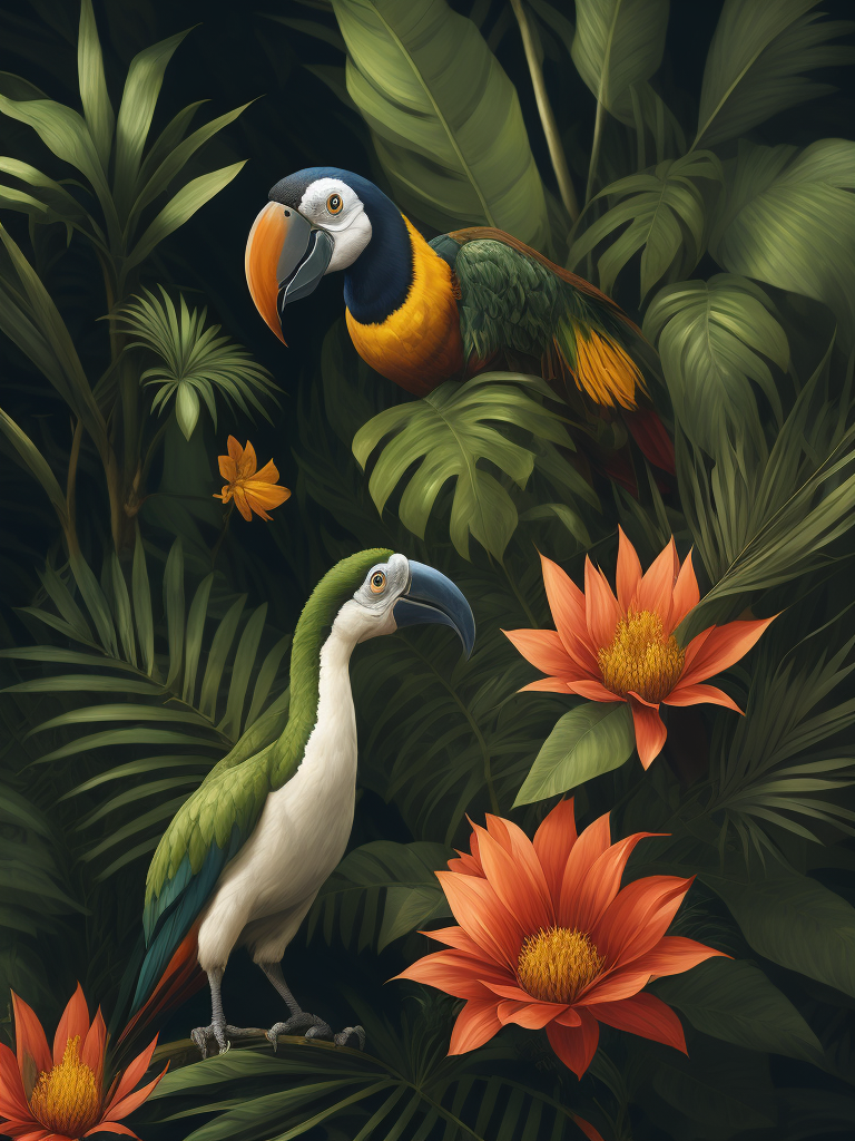 draw The central and accent place in the illustration should be occupied by the image of a pineapple (whole fruit, with pieces). Tropical mood of the Caribbean. The illustration should use a tropical ornament (for example, dense vegetation) In the illustration, you can use images of recognizable tropical birds (parrot, toucan, flamingo), flowers, insects, lizards, animals, as well as tropical plants - palm leaves, monstera, flowers. the illustration must be integrated with a skull, as a symbol that is depicted on the entire line of the brand.