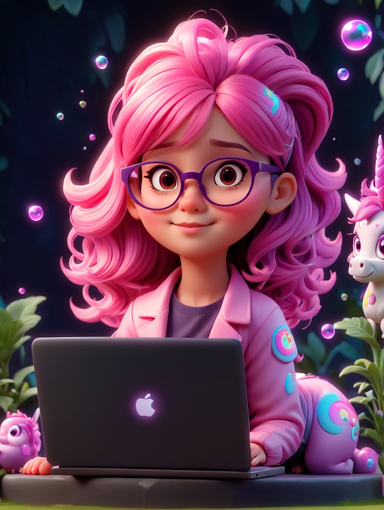 A young cool girl with glasses pink scene a laptop with a no brand. make the hair pink and violet, more neon style and more plants in the background. Bubbles, big flying unicorns, rainbows, kid style