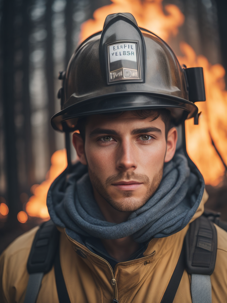 epic portrait of a Firefighter, close-up, forest fire, British Columbia Wildfire, Canada